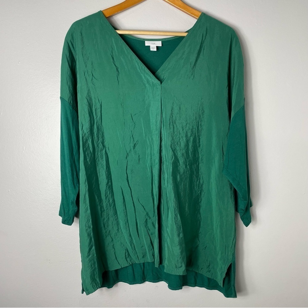 J Jill Blouse Green V Neck 3/4 Sleeves Woven Front Knit Sleeves Tencel Top Sz XL